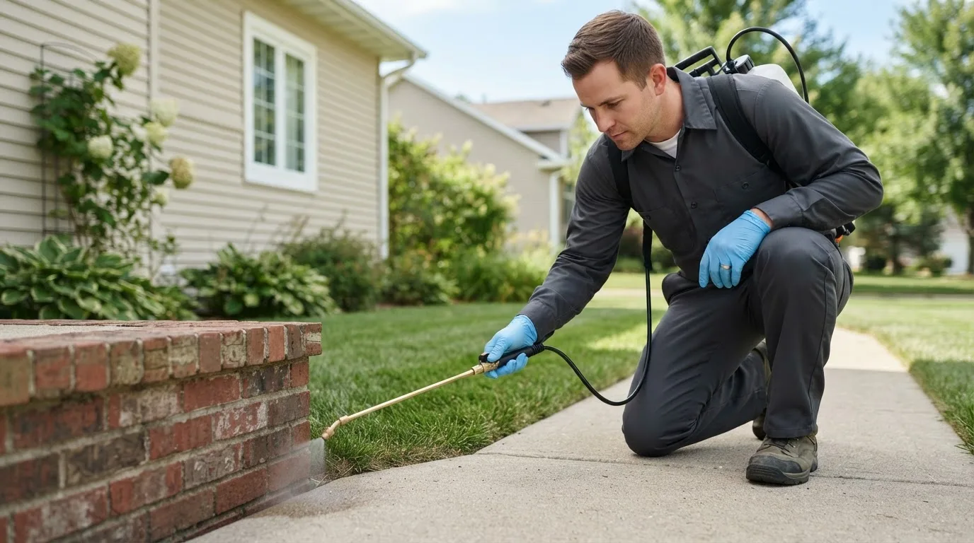 Pest control technician treating a home near Lloyd, FL